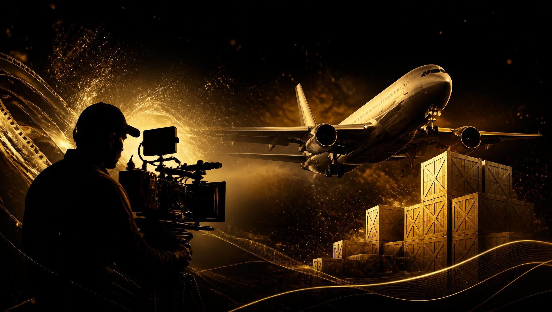 Cámara de cine, avión de carga y cajones de exportación